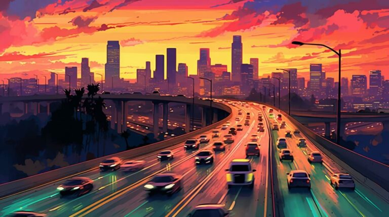 A painting of cars driving on a highway at sunset with sales funnels.
