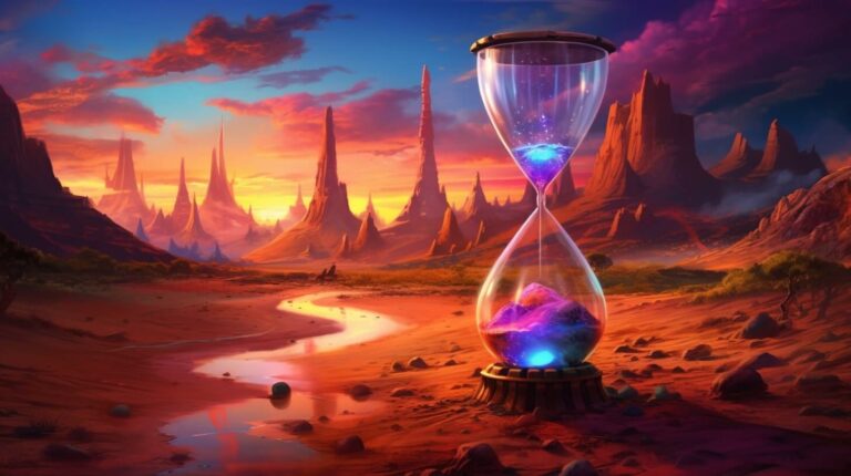 An hourglass representing time management in a desert landscape.
