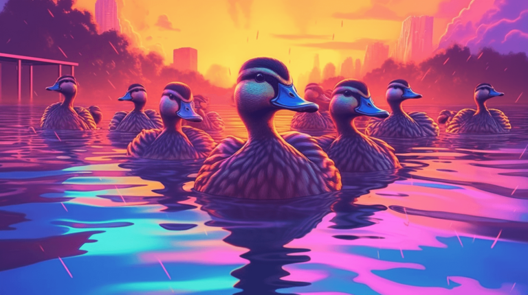 A group of ducks swimming at sunset.