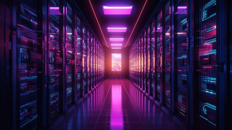 A visually striking server room illuminated with neon lights, perfect for a WordPress hosting review featuring Bluehost.