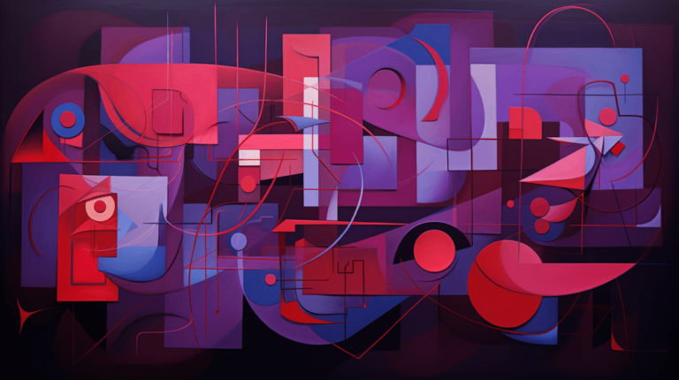 An abstract painting incorporating red, blue, and purple colors and demonstrating a blend of various artistic techniques.