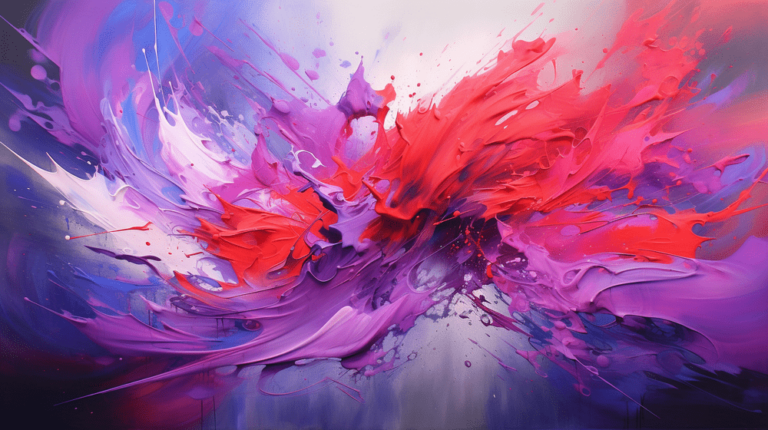 An abstract painting with red, blue and purple splashes featuring elements of freedom.