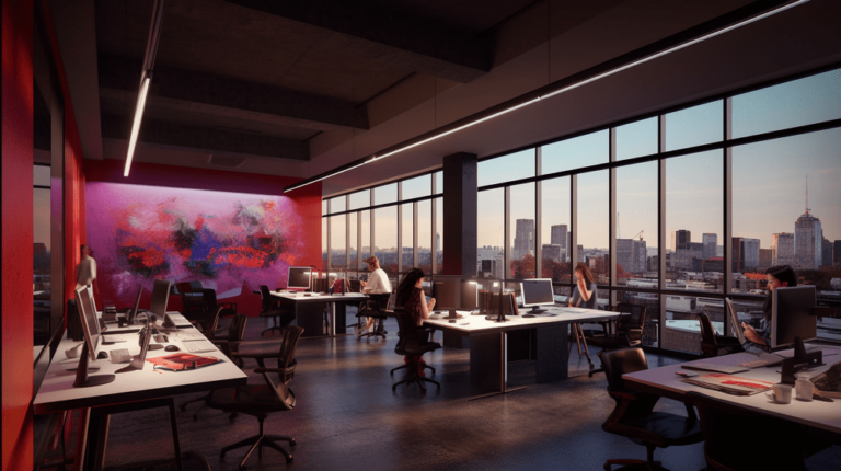 An office rendering incorporating a picturesque view of the city.