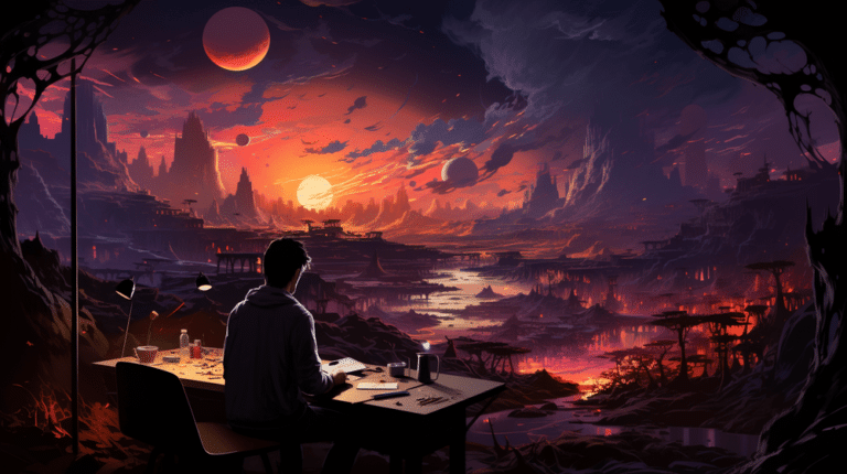 A man at a desk experiencing the beauty of a sunset.