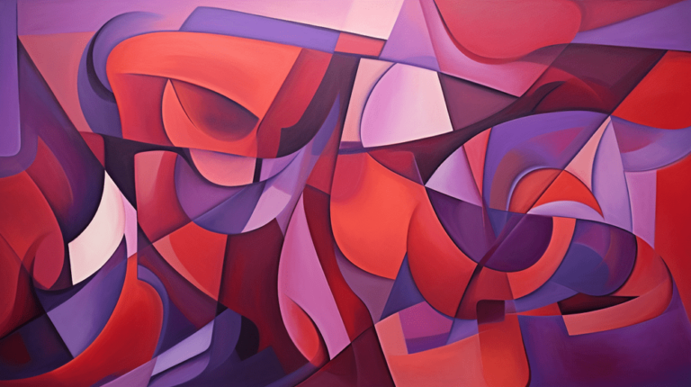 An abstract painting with red, purple, and blue colors.
