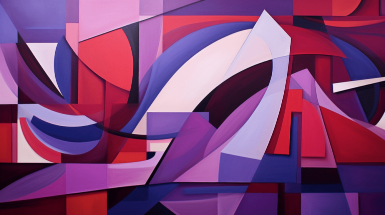 An abstract painting with red, purple, and blue colors.