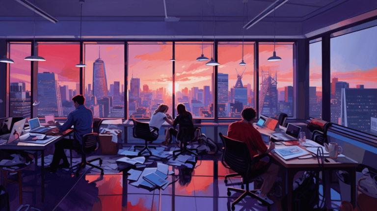 Meta description: An office view painting showcasing bustling city life.