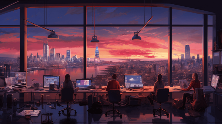 A city view through the windows of a room where people sit at desks.