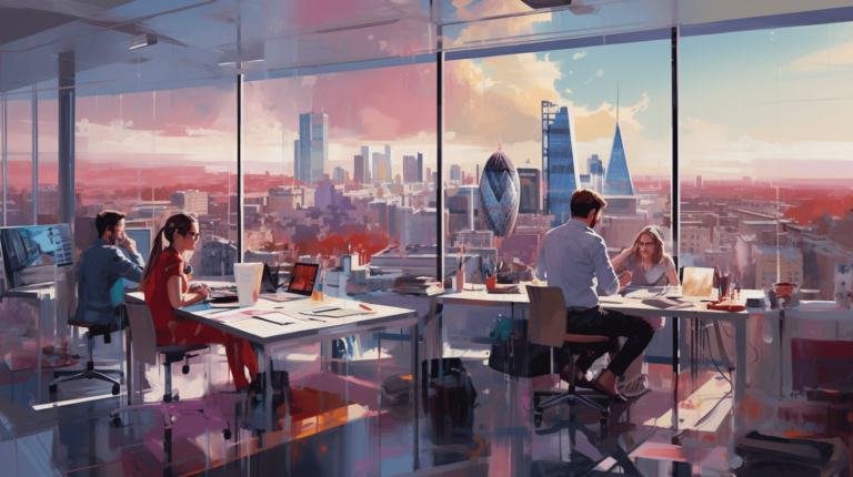 A squarespace review featuring a painting of people in an office.