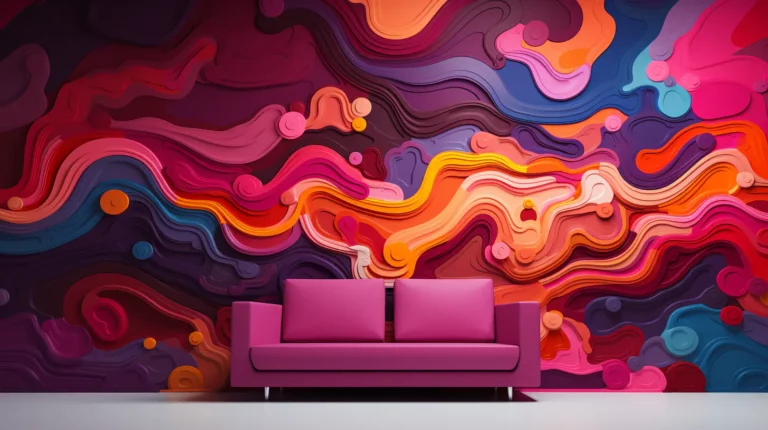 A pink couch in front of a colorful wall mural.