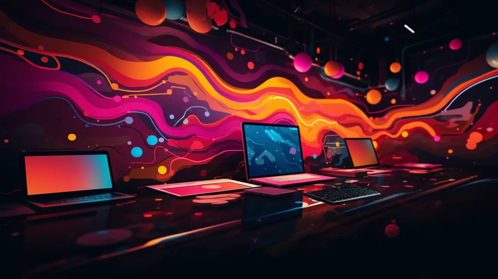 A room full of colorful laptops and a colorful wall.