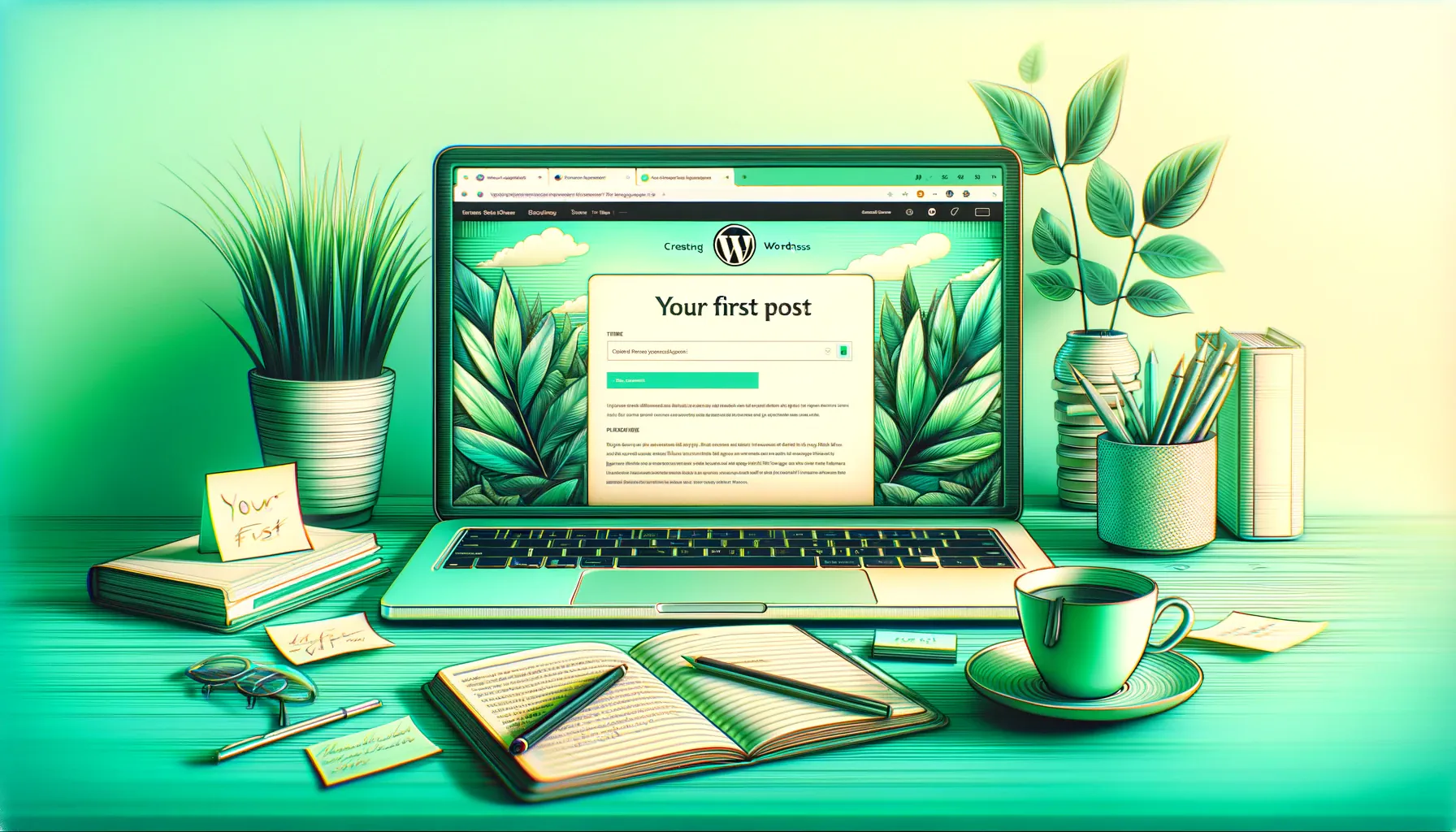 Image of a minimalist workspace with a laptop displaying 'Your First Post' on WordPress, surrounded by notes, green tea, and a plant, set against a green gradient background.