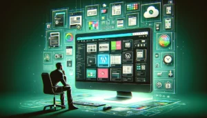 Man thoughtfully choosing among various WordPress themes on a computer screen, illustrating theme selection for businesses