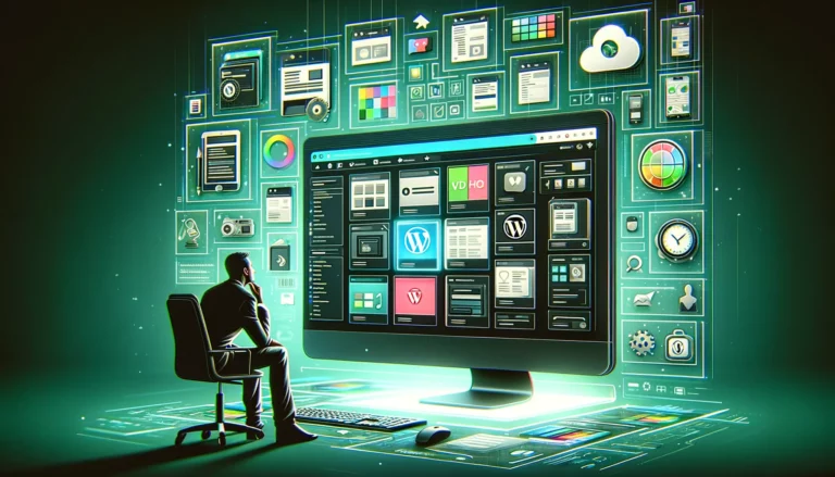 Man thoughtfully choosing among various WordPress themes on a computer screen, illustrating theme selection for businesses