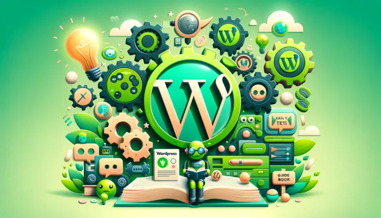 Green-themed image featuring the WordPress logo, symbols of ease like lightbulbs and gears, and a friendly robot with a guidebook, representing an easy guide for non-techies.