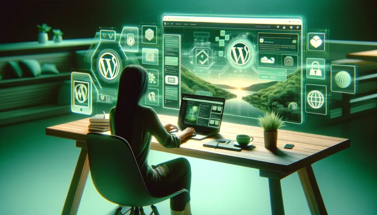 Woman selecting WordPress plugins on a laptop, with a serene digital landscape in the background, symbolizing ease and simplicity in website management.