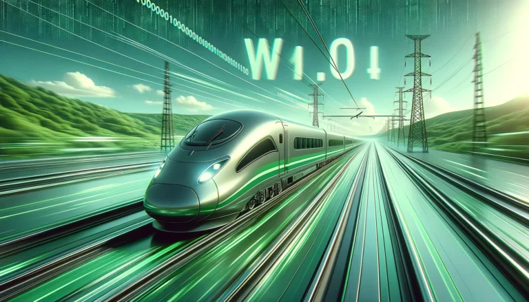 Green-toned illustration of a high-speed train on a futuristic track, symbolizing WordPress site speed optimization, against a blurred landscape and binary code sky